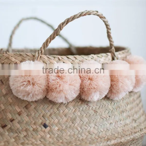 Blush Color Pompom Vietnam Folding Seagrass Basket, Natural Color photo-3