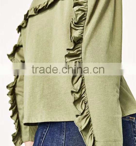 Women Fashion Long Sleeve Frilled T-shirts Tops Printed Round Neck Tops Blouses photo-5