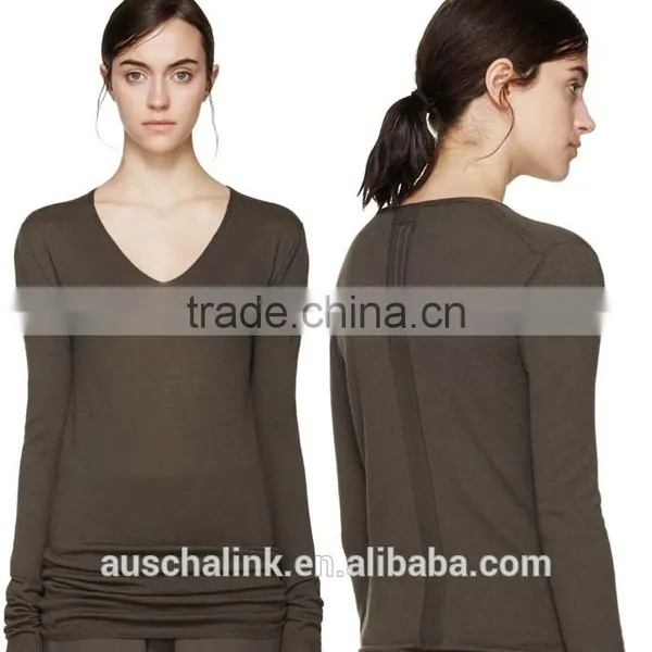 New Style Grey Pure Wool Long Sleeve V Neck Sweater Design for Girls photo-5