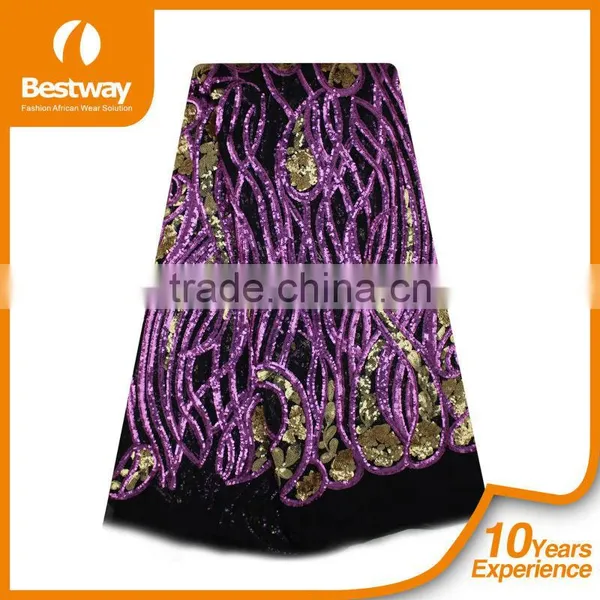 Bestwaytex FL0049 In Royal Blue Color French Cord Lace Silk Chiffon Fabric With Shiny Sequins photo-4