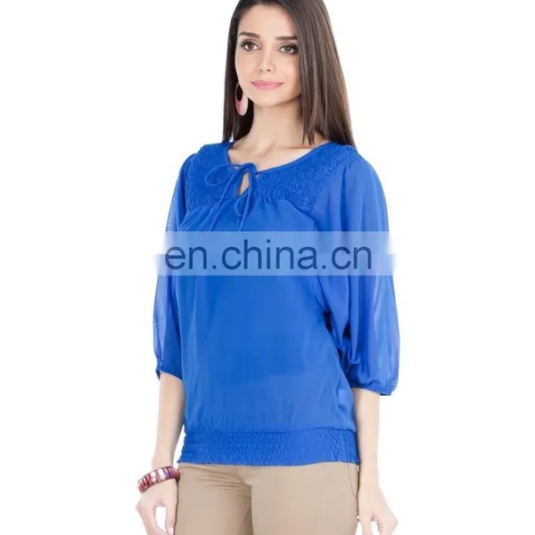 2015 Blue Top With Smocking And Tie-up Women Blue Floral Print Tie-up Top photo-5