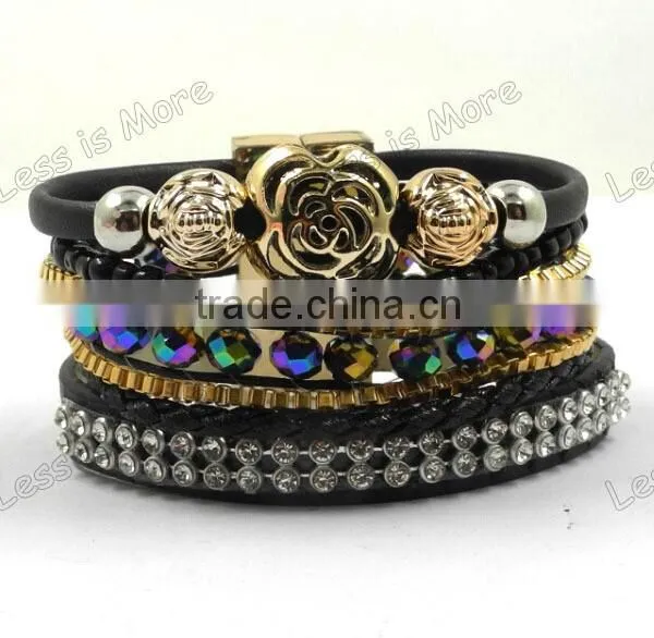 Four wraps crystal bead bracelet bangle with magnetic locker