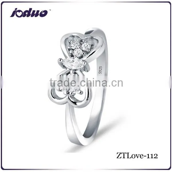 Fashion 925 Sterling Silver Jewelry 2016 Two Hearts Bowknot Design Rings