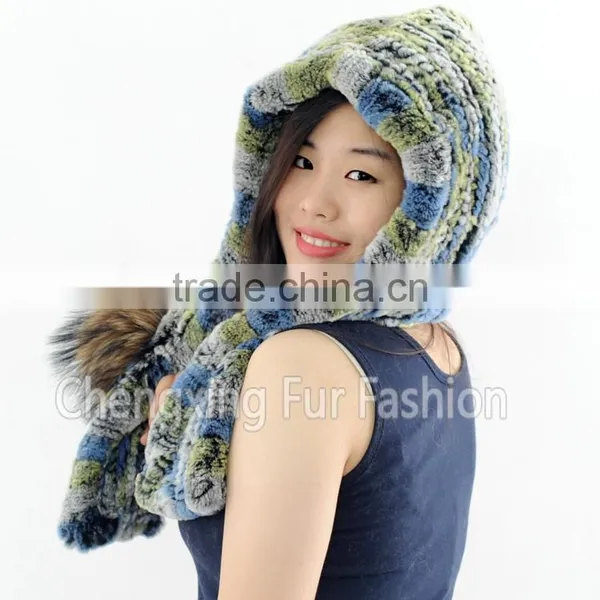 CX-C-242Q Genuine Rex Rabbit Fur Knitted Girls Fashion Winter Hat photo-2