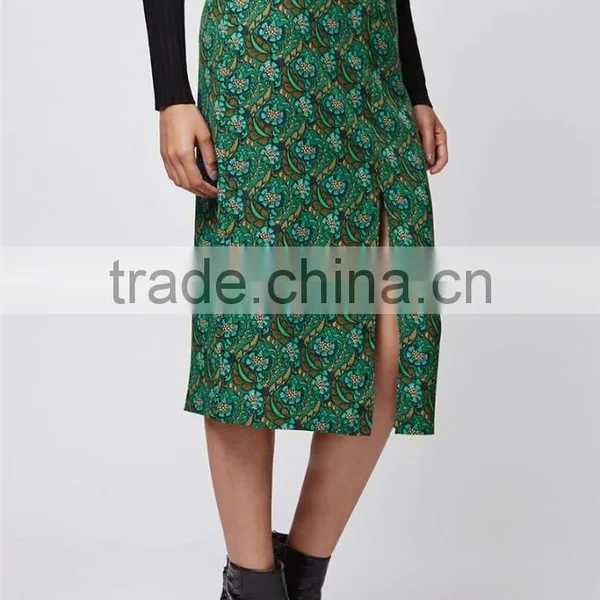 New Arrival Customized 95% Rayon 5% Spandex Floral Split Front Midi Skirts Green Split Floral Skirts photo-4