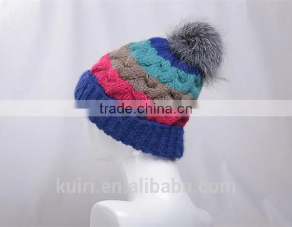 Winter Warm Knit Cap Thick Stick Knitting Mixed Color Winter Hats for Women Beanies With Fox Fur Poms photo-5