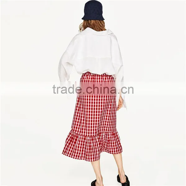 2017 NewestFront Button Fastening Red Plaid Skirt With Frill Detail photo-2
