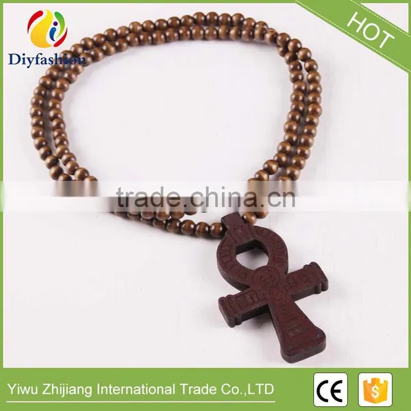 Wooden Hip Hop Cross Pendant With Rosary Beads Chain Men's Jewelry photo-5