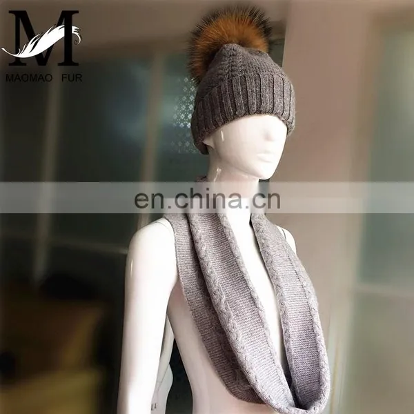 Wool Flat Knitting Beanie Pompom Hat Fashionable Lady Scarves One Piece Hat and Scarf photo-3