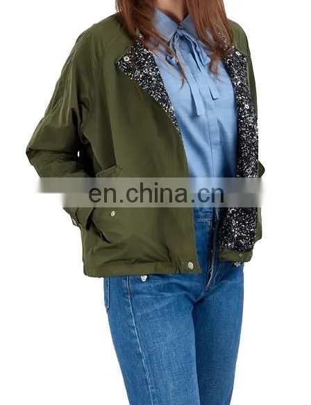 Factory OEM Green Lightweight Ladies Bomer Jacket In Printed Lining photo-5