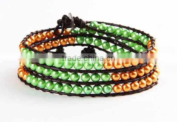 Hand Made Weave Bead Bracelet Bangle Yellow Green Glass Pearl Leather Wrap Bracelet Women Jewelry Fashion Wholesale