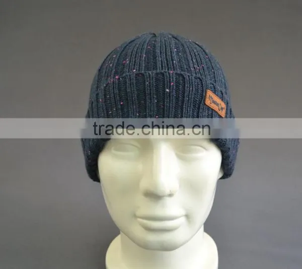 Acrylic Beanie Hat With PU Leather Patch Logo photo-2