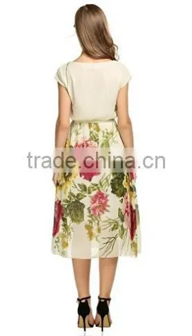 Women's Short Sleeve Crewneck Chiffon Floral Printed Midi Party Dress photo-2