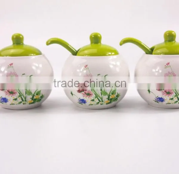 Set Of 3 White Flower Printed Round Ceramic Spice Container Spice Jar With Lid photo-2