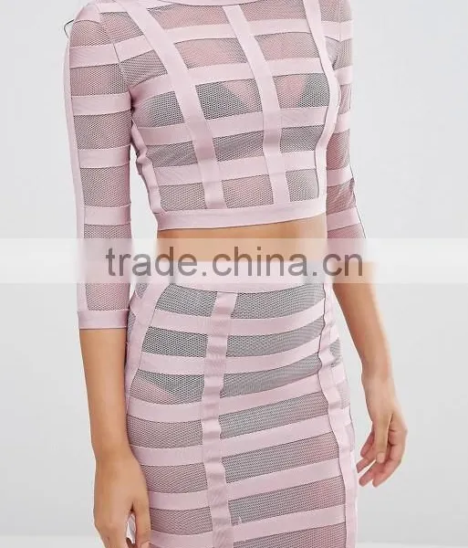 Bandage Mesh Women Long Sleeve Ctop Top and Pencil Skirt Ladies 2 Piece Skirt Sets photo-5