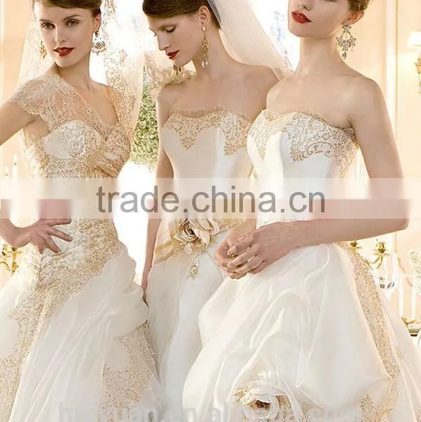 White Champagne Lace Strapless Ball Gown Cathedral/ Royal Train Wedding Dresses photo-3