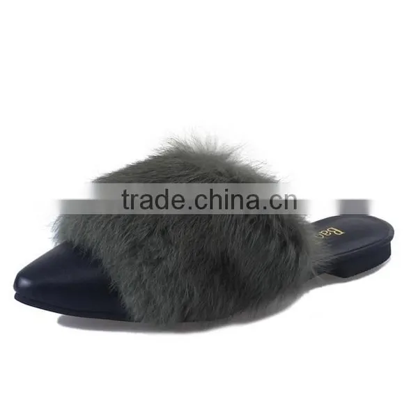 2017 Spring and Autumn Flat With Pointed Rabbit Hair Slippers Baotou Flat Hair Plush Half Autumn Autumn New Lazy Slippers photo-6
