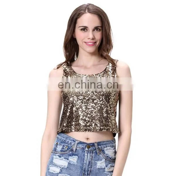 2016 Europe America Hot Girls Sexy Gold Sequin Net Tank Top photo-4