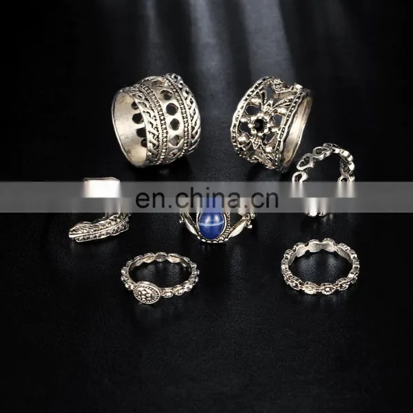 7pcs/set Retro Carved Gemstone Bohemian Gem Finger Knuckle Ring photo-2