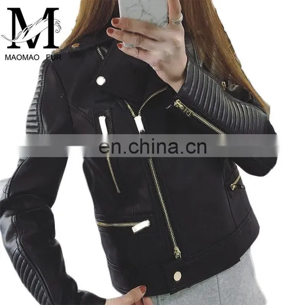 Wholesale Spring Female Long Sleeve Short Beaded Motorcycle Jacket Excelled Leather Jacket photo-6
