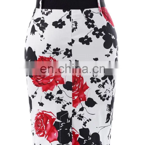Kate Kasin Women's Shirred Detail Flower Pattern Cotton Pencil Skirt With Wide Belt KK000610-2 photo-2