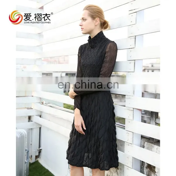 Ladies Elegant Sexy Long Sleeve High Neck One - Piece Black Dresses With See Through Sleeve photo-3