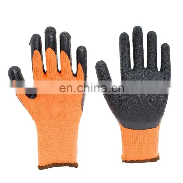 Orange Polyester Loop Napping Liner Latex Crinkle Coated Gloves Winter Working photo-3