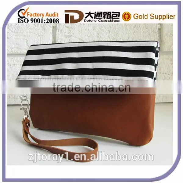 China Manufacture Foldover Canvas and Leather Striped Fashion Clutch Bag