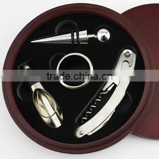 High Quality 4 in 1 Wine Set With Round Wooden Box as a Gift photo-3