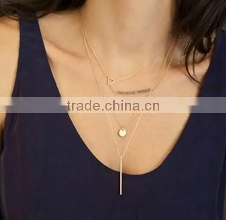 Fashion Gold Circle Paillette Crystal Bead Pendant Multi Chain Necklace Jewelry photo-2