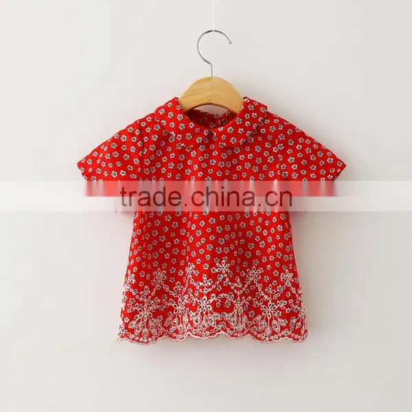 Hot Sale Turn-down Collar Floret Print Embroidery Fabric Baby Girls Top Design With Button