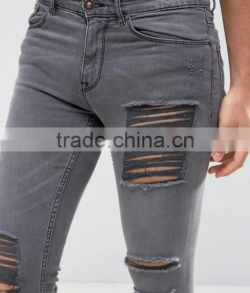 New Style Custom Men's Skinny Jeans Pants With Extreme Rips in Grey Wash photo-5