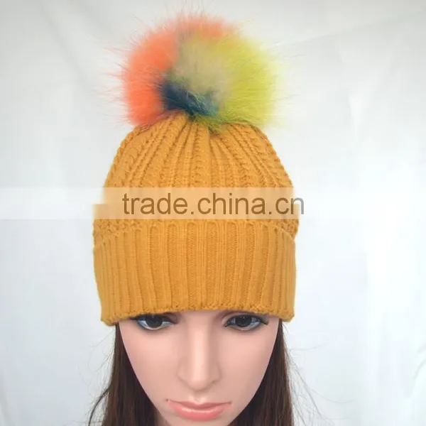 Myfur OEM Latest Women Ginger Ribbed Knitting Beanie Cap With Removable Pompom photo-2