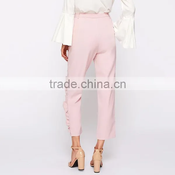 Frilled Women's Tailored Fitted Pants High Waist Pink Cropped Trousers photo-5