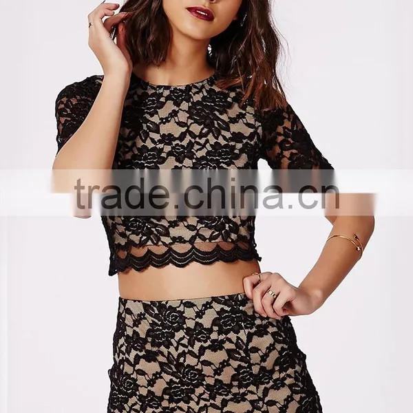 Women's Summer Rose Pattern Crop Top Shirt With Slit Long Skirt Suits photo-5