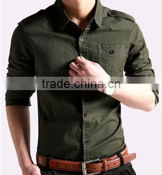 New Elegant Khaki 100%Cotton Men Fancy Casual Shoulder Strap Shirt With Square Collar photo-2