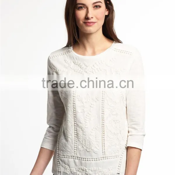 2016 Guangzhou Shandao Wholesaler High Quality Latest Autumn Casual 3/4 Sleeve Round Neck Embroidered Cotton Girl's Stylish Top photo-4