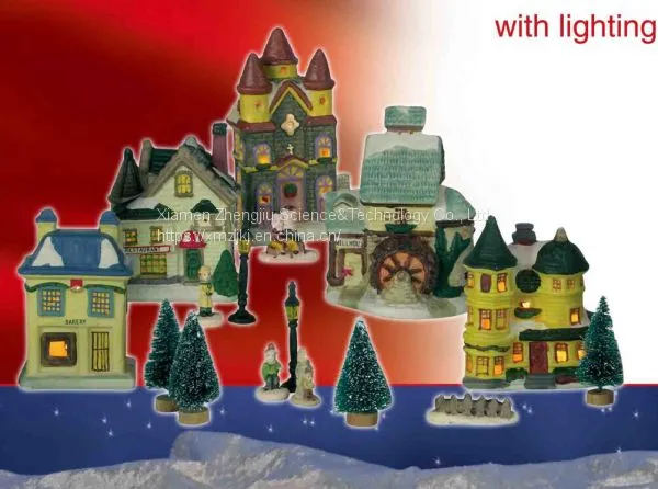 Snow Village With Lighting -17pcs Play Snowman Polyresin Christmas House Decoration photo-2
