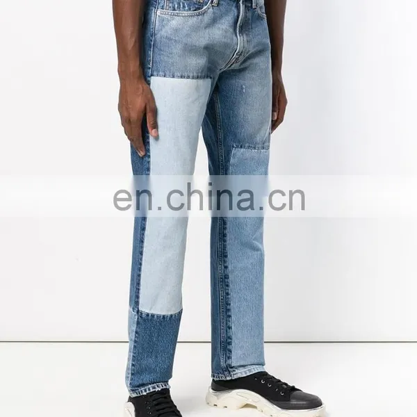 DiZNEW OEM Blue Cotton Straight Leg Patchwork Jeans For Men photo-4