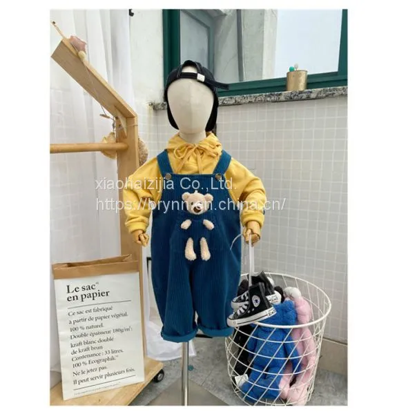 Girls corduroy braces spring and autumn boys and girls baby casual wide leg treasure wear soft jeans
