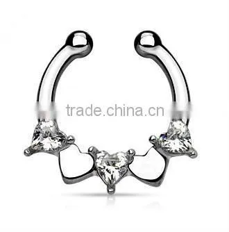 Sweet Heart CZ Crystal 316L Surgical Steel Fake Septum Clicker Nose Piercing Body Jewelry