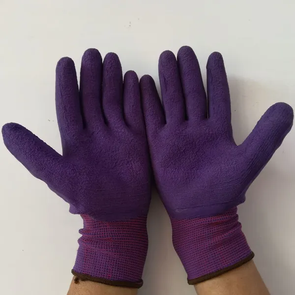 Purple Polyester Thread 13 Gauge Knitted Purple Foamed Wrinkled Latex Palm Coated Safety Work Gloves photo-2