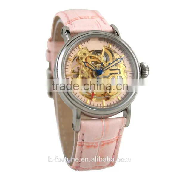 SA8139 IP Rose Gold Vintage Leather Strap Skeleton Auto Watch photo-4