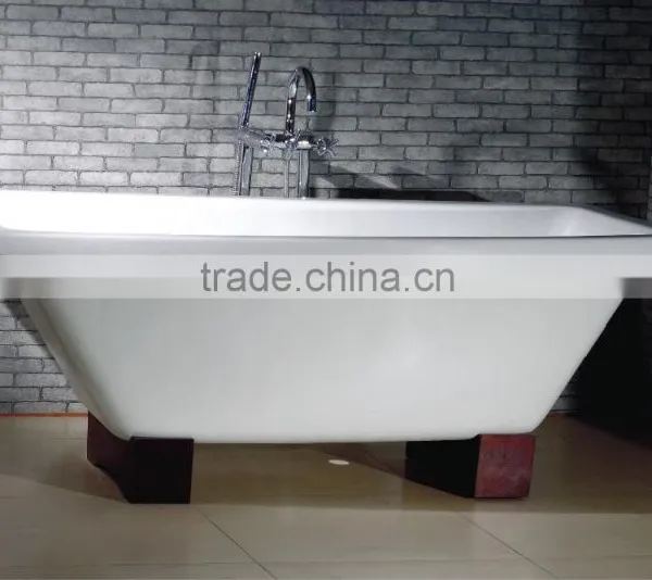Rectangular Freestanding Cast Iron Bathtub With Wooden Cradle