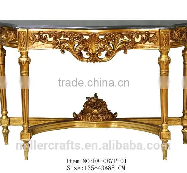 Gold Leaf With Natural Marble Top Antique Reproduction Console Table for Sales photo-3