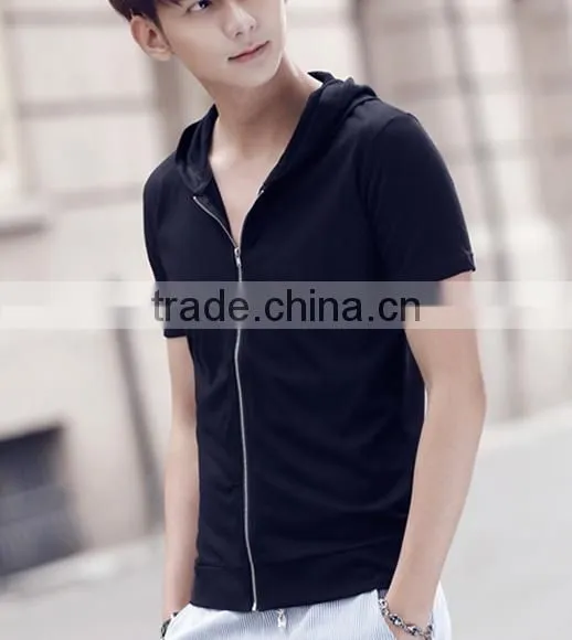 Hot Sale Custom Cotton/spandex Men's Short Sleeve Black Hoodie photo-2
