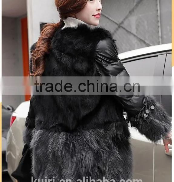 2016 Luxury Genuine Natural Fox Fur Coat Jacket Rabbit Fur Patchwork Winter Women Fur Leather Outerwear Coats Plus Size photo-2
