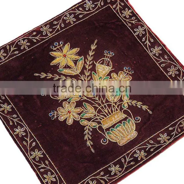 Beautiful Indian Couch Pillow Gold Zardozi Embroidered Unique Decorative Cushion photo-2