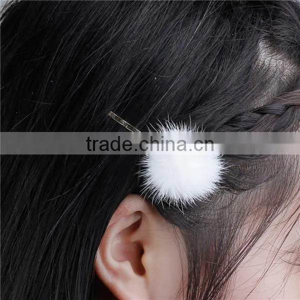 New Fashion White Pom Ball Gold Plated Sable Fur Hair Clips photo-3