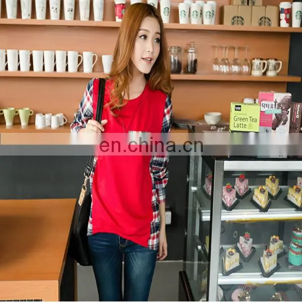 Lady's Woven Yarn Dye Check Shirt,Woven/Knit Joint, Irregular Hem